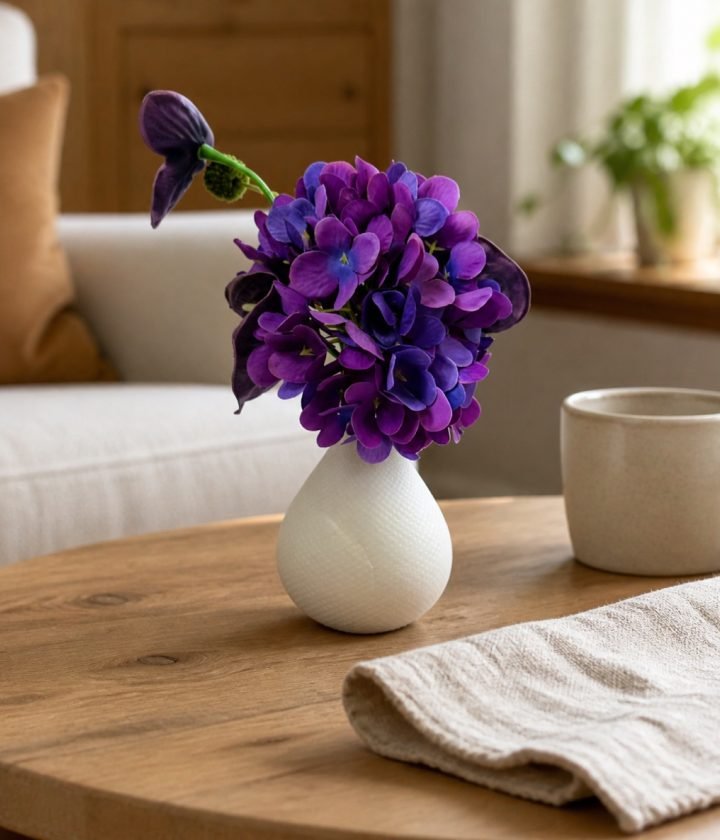 White Vase Purple Flowers product view 3